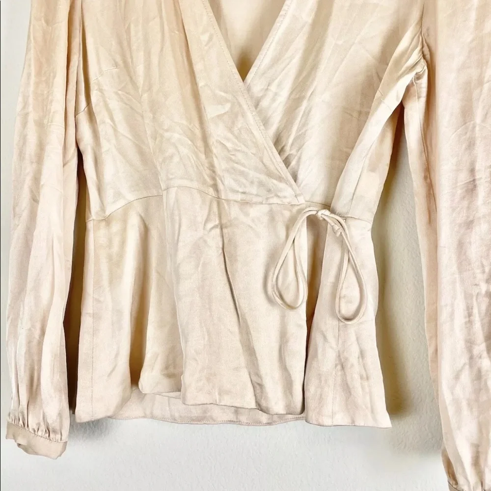 Zara Blouse Small Womens Pink Satin V-Neck Long Sleeve Genuine Wrap Top Viscose - Picture 5 of 12